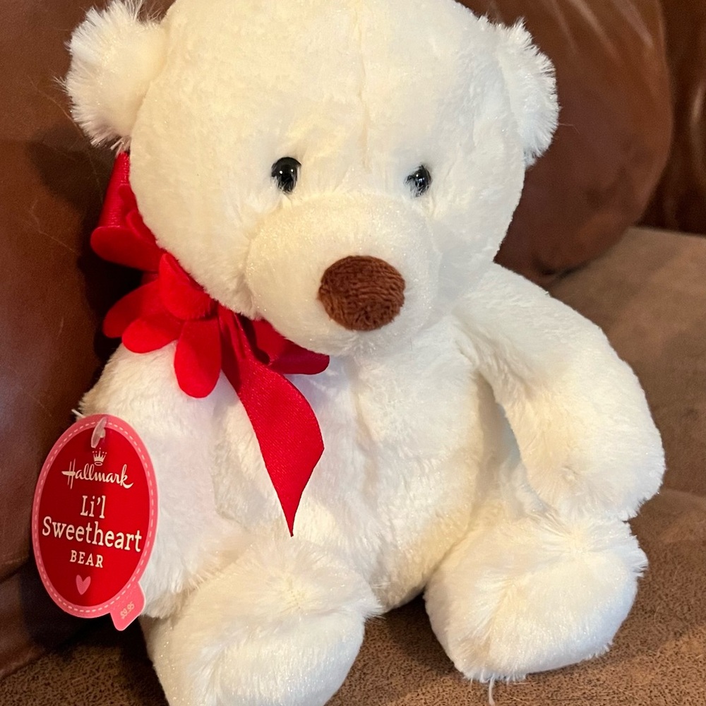 Hallmark White Teddy Bear with Red Ribbon Flower Bow. Super soft. Brand New!